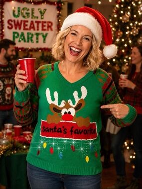 Ugly Christmas Sweater Rudolph Reindeer Santa's Favorite Rhinestones Derek Sz L